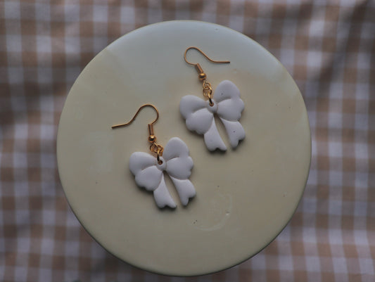 White Bow Earrings — Prototype Pair